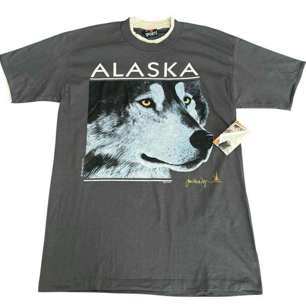 Vintage 90s Alaska Wolf Single Stitch Graphic T-Shirt Size M‎ Jon Van Zyle NWT